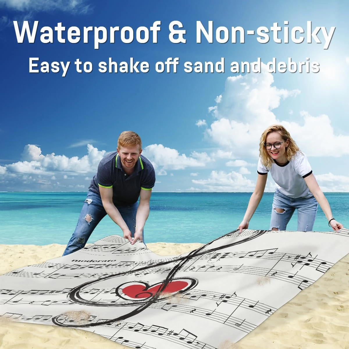 Beach Blanket, Music Note Sandproof Beach Mat, Waterproof Quick Drying Sand Free Mat with 4 x Ground Spikes for Outdoor Travel Camping Hiking, Music Heart 68 x 59 in