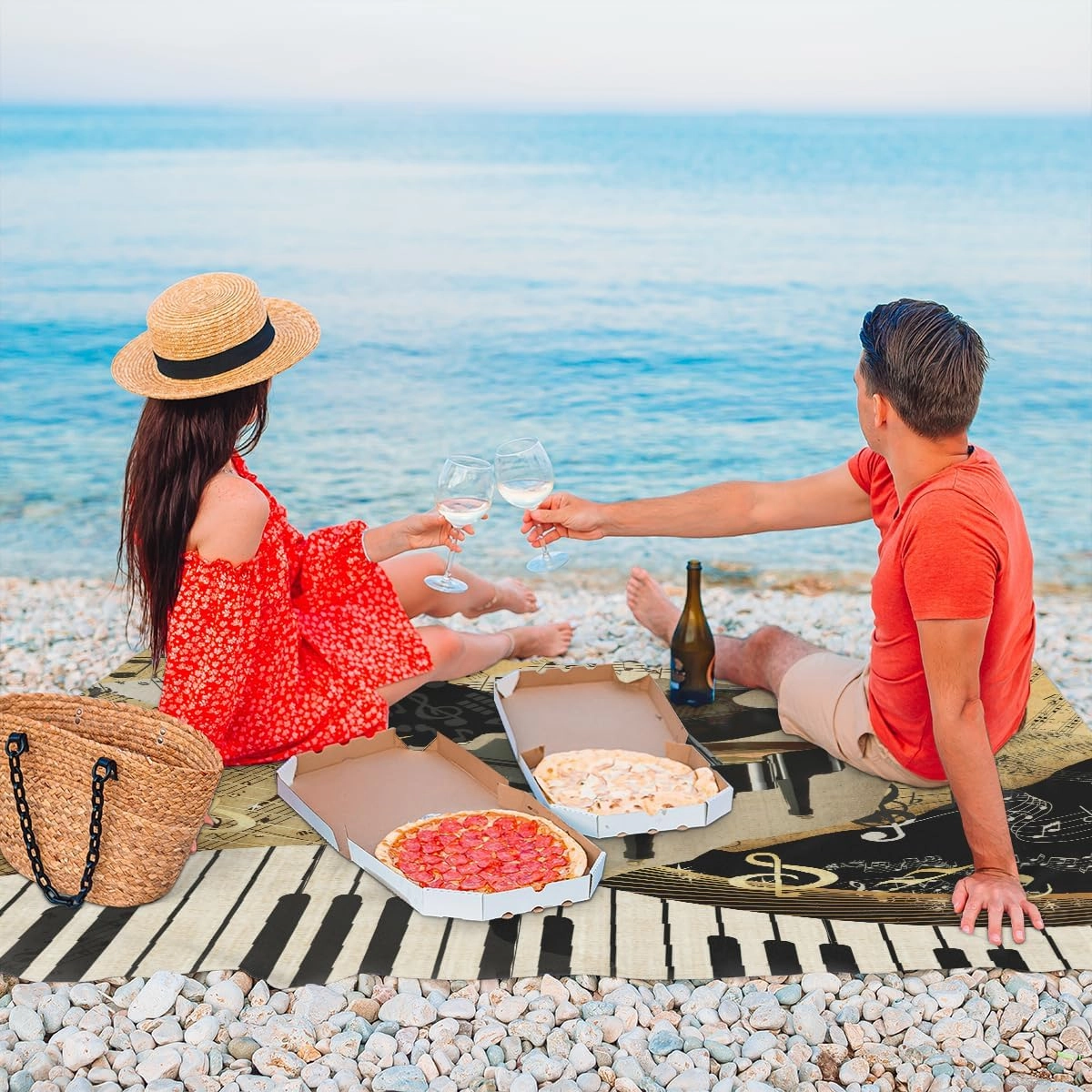Beach Blanket, Music Notes Sandproof Beach Mat, Waterproof Quick Drying Sand Free Mat with 4 x Ground Spikes for Outdoor Travel Camping Hiking, Music Piano Keys 68 x 59 in