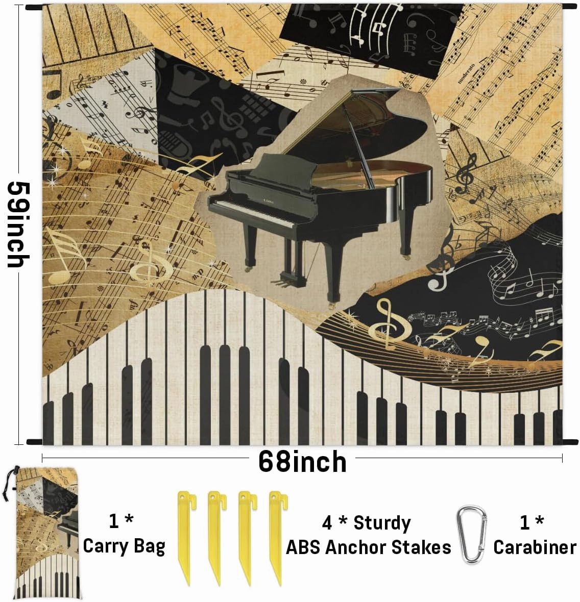 Beach Blanket, Music Notes Sandproof Beach Mat, Waterproof Quick Drying Sand Free Mat with 4 x Ground Spikes for Outdoor Travel Camping Hiking, Music Piano Keys 68 x 59 in