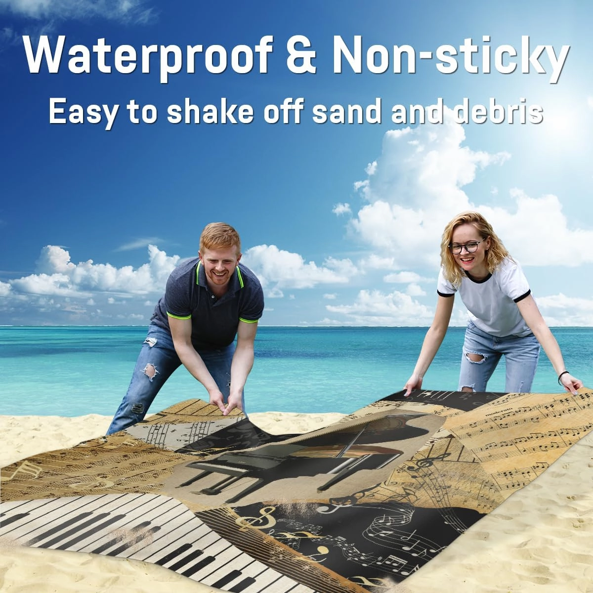 Beach Blanket, Music Notes Sandproof Beach Mat, Waterproof Quick Drying Sand Free Mat with 4 x Ground Spikes for Outdoor Travel Camping Hiking, Music Piano Keys 68 x 59 in