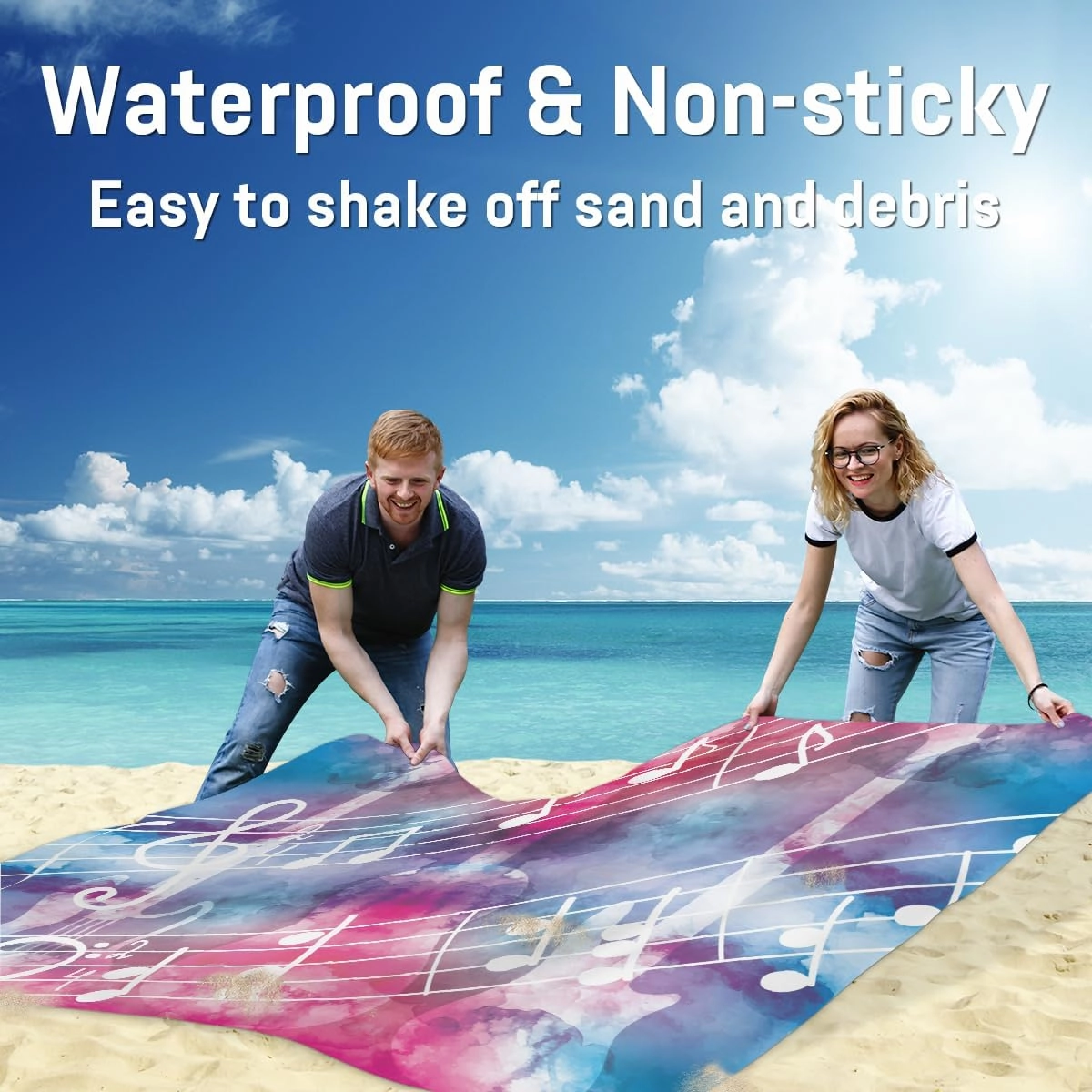 Beach Blanket, Music Theme Sandproof Beach Mat, Waterproof Quick Drying Sand Free Mat with 4 x Ground Spikes for Outdoor Travel Camping Hiking, Musical Notes 68 x 59 in