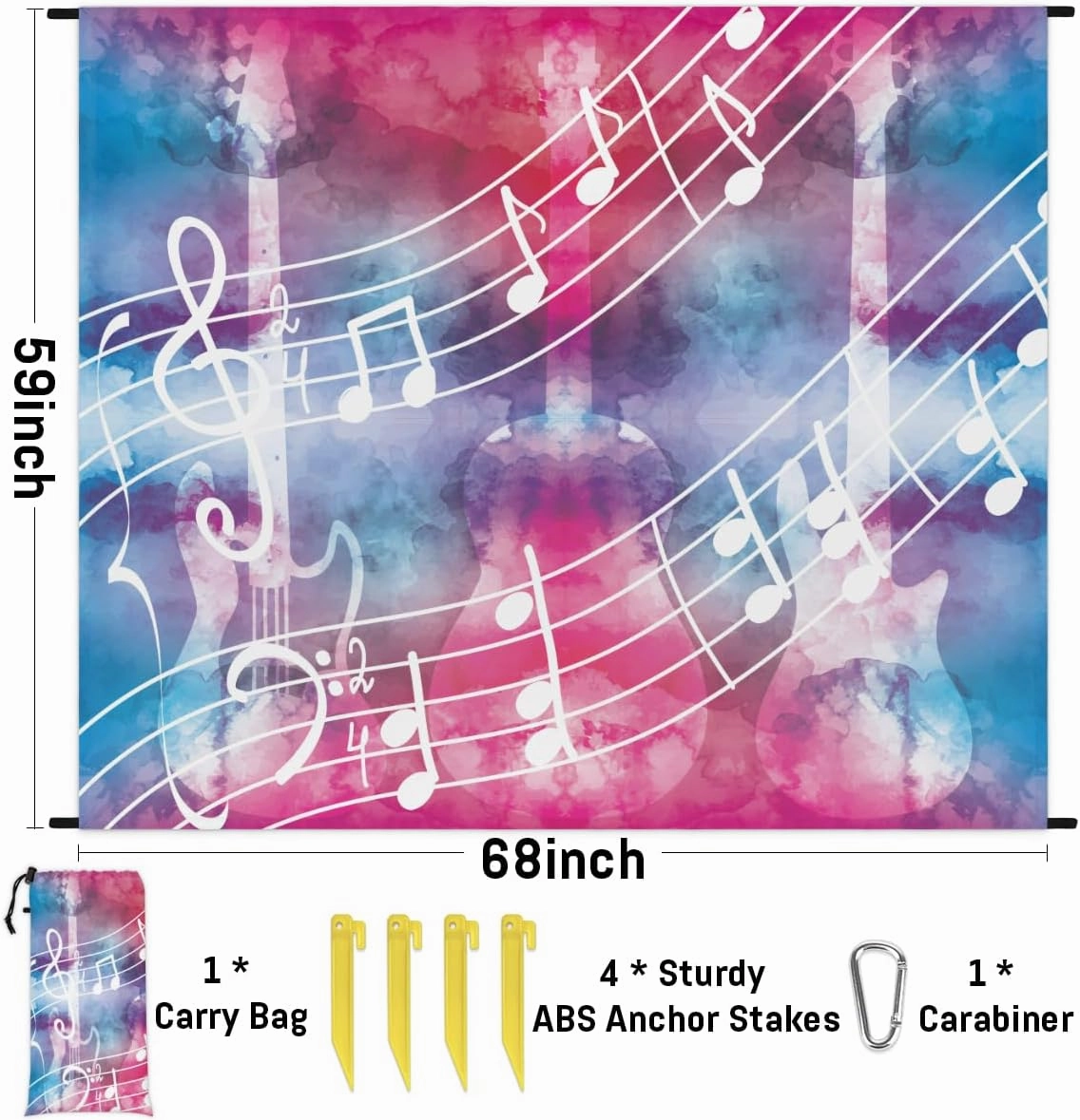 Beach Blanket, Music Theme Sandproof Beach Mat, Waterproof Quick Drying Sand Free Mat with 4 x Ground Spikes for Outdoor Travel Camping Hiking, Musical Notes 68 x 59 in