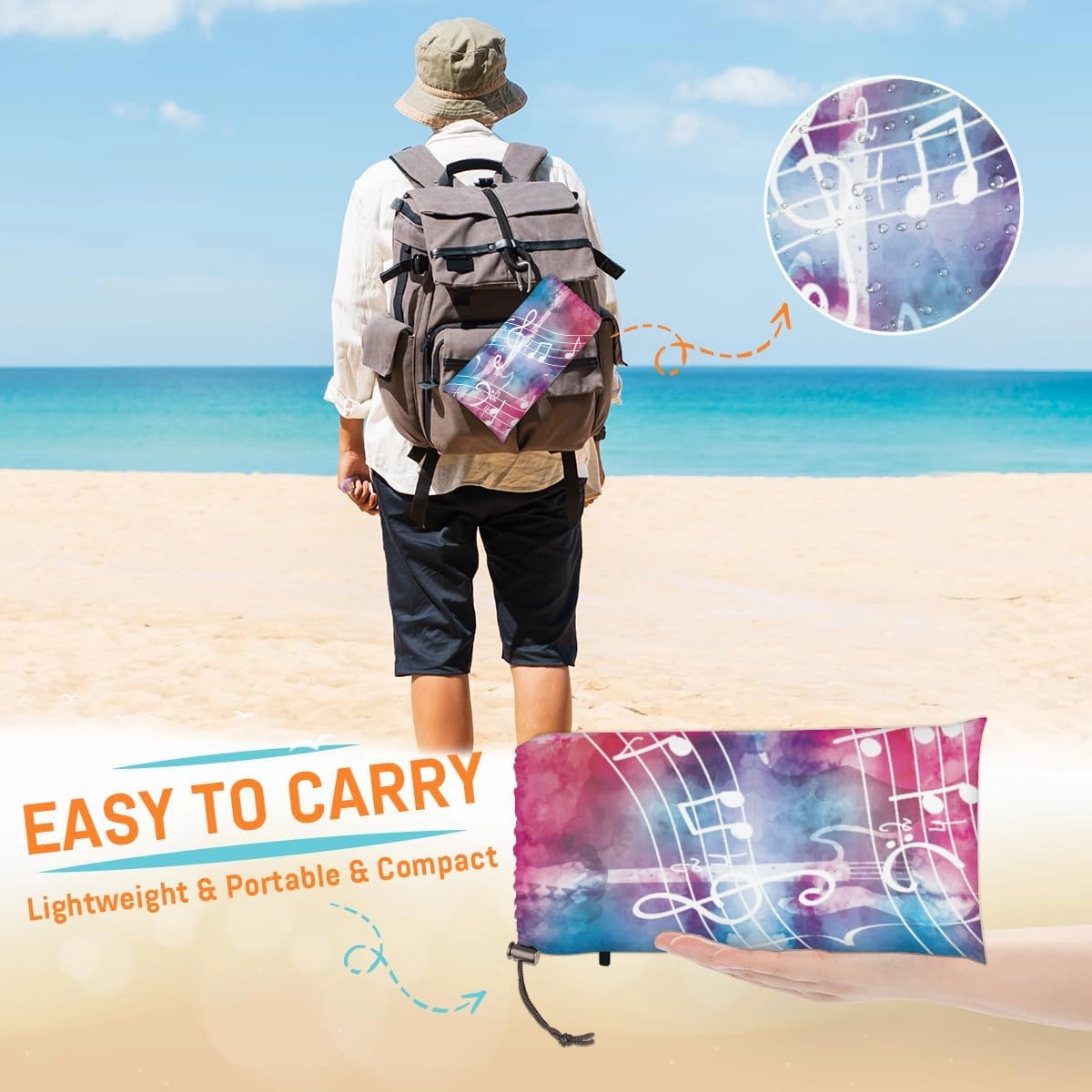 Beach Blanket, Music Theme Sandproof Beach Mat, Waterproof Quick Drying Sand Free Mat with 4 x Ground Spikes for Outdoor Travel Camping Hiking, Musical Notes 68 x 59 in