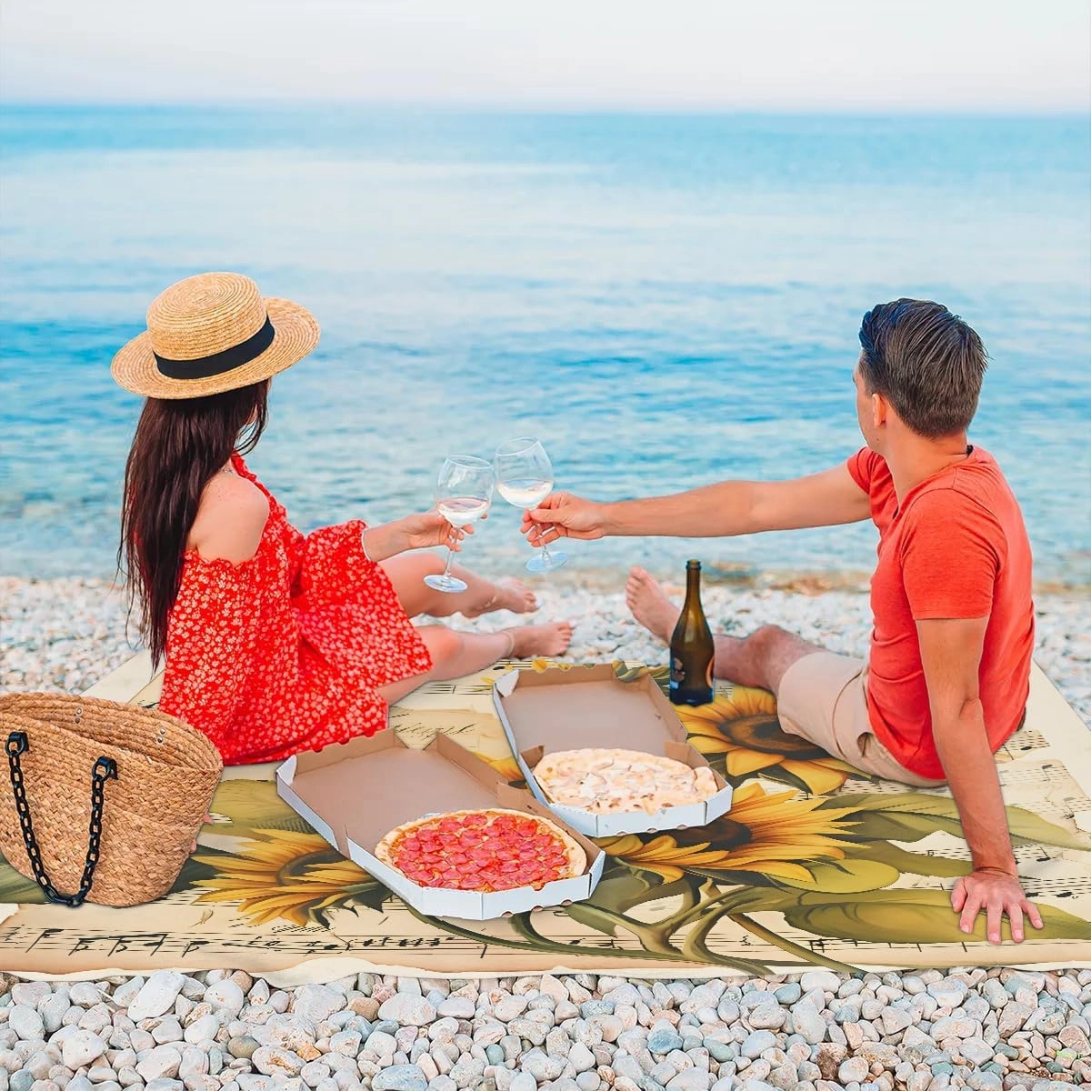 Beach Blanket, Musical Note Sandproof Beach Mat, Waterproof Quick Drying Sand Free Mat with 4 x Ground Spikes for Outdoor Travel Camping Hiking, Sunflowers Plant 68 x 59 in