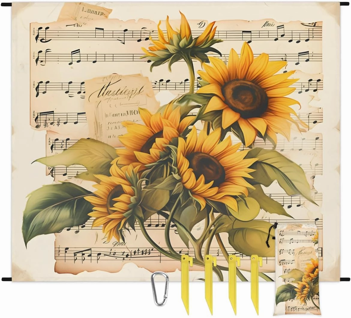Beach Blanket, Musical Note Sandproof Beach Mat, Waterproof Quick Drying Sand Free Mat with 4 x Ground Spikes for Outdoor Travel Camping Hiking, Sunflowers Plant 68 x 59 in