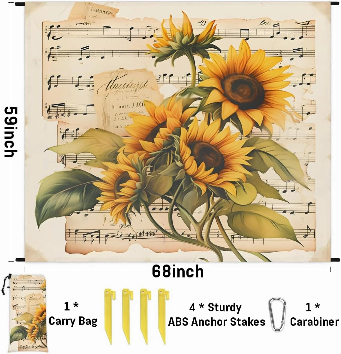 Beach Blanket, Musical Note Sandproof Beach Mat, Waterproof Quick Drying Sand Free Mat with 4 x Ground Spikes for Outdoor Travel Camping Hiking, Sunflowers Plant 68 x 59 in