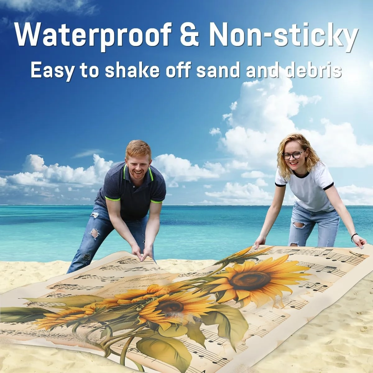 Beach Blanket, Musical Note Sandproof Beach Mat, Waterproof Quick Drying Sand Free Mat with 4 x Ground Spikes for Outdoor Travel Camping Hiking, Sunflowers Plant 68 x 59 in