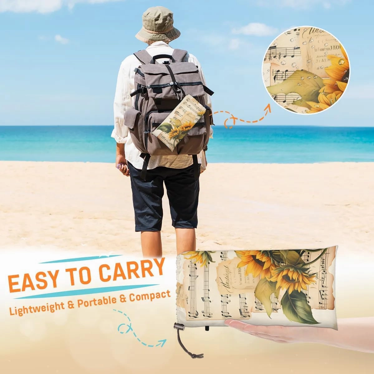 Beach Blanket, Musical Note Sandproof Beach Mat, Waterproof Quick Drying Sand Free Mat with 4 x Ground Spikes for Outdoor Travel Camping Hiking, Sunflowers Plant 68 x 59 in