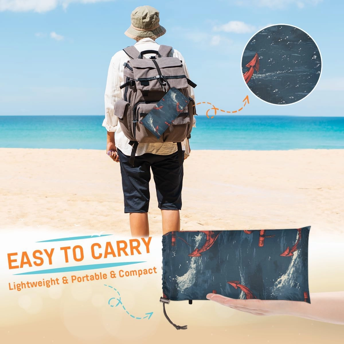 Beach Blanket, Nautical Anchor Sandproof Beach Mat, Waterproof Quick Drying Sand Free Mat with 4 x Ground Spikes for Outdoor Travel Camping Hiking, Nautical 68 x 59 in