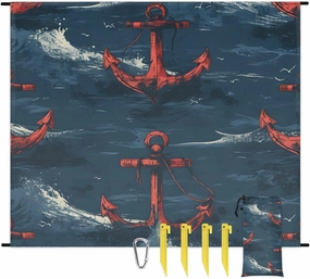 Beach Blanket, Nautical Anchor Sandproof Beach Mat, Waterproof Quick Drying Sand Free Mat with 4 x Ground Spikes for Outdoor Travel Camping Hiking, Nautical 68 x 59 in
