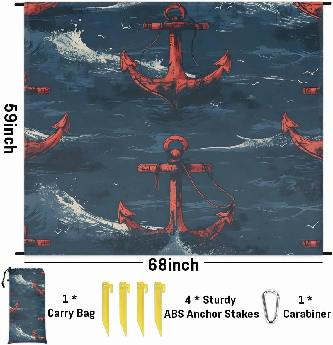 Beach Blanket, Nautical Anchor Sandproof Beach Mat, Waterproof Quick Drying Sand Free Mat with 4 x Ground Spikes for Outdoor Travel Camping Hiking, Nautical 68 x 59 in