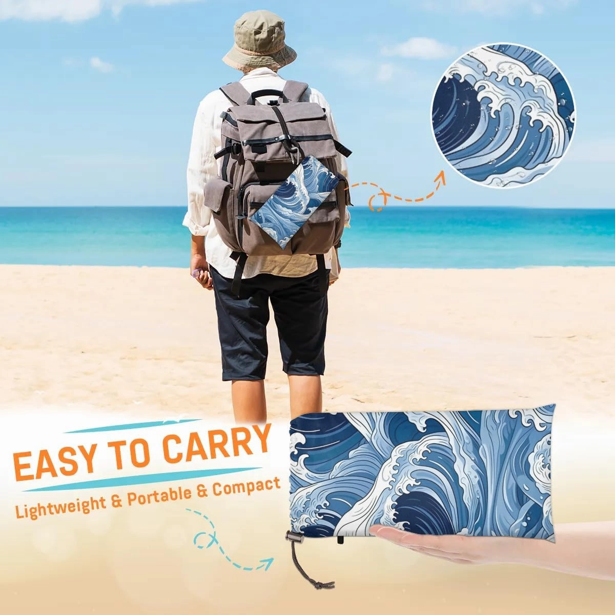 Beach Blanket, Ocean Waves Sandproof Beach Mat, Waterproof Quick Drying Sand Free Mat with 4 x Ground Spikes for Outdoor Travel Camping Hiking, Summer Ocean 68 x 59 in