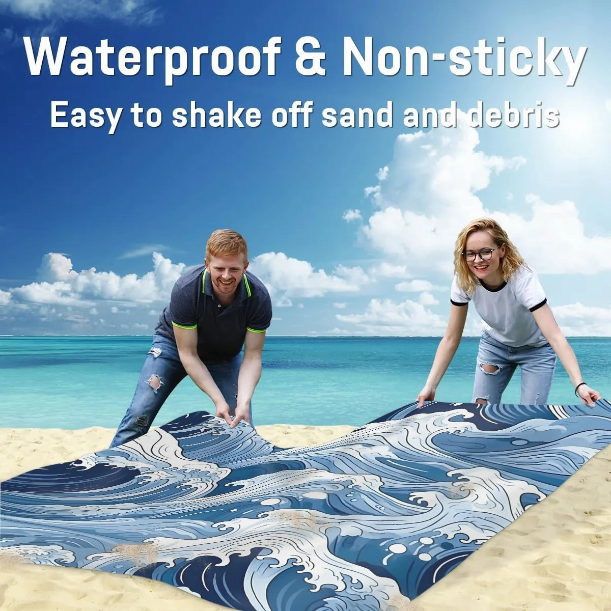 Beach Blanket, Ocean Waves Sandproof Beach Mat, Waterproof Quick Drying Sand Free Mat with 4 x Ground Spikes for Outdoor Travel Camping Hiking, Summer Ocean 68 x 59 in