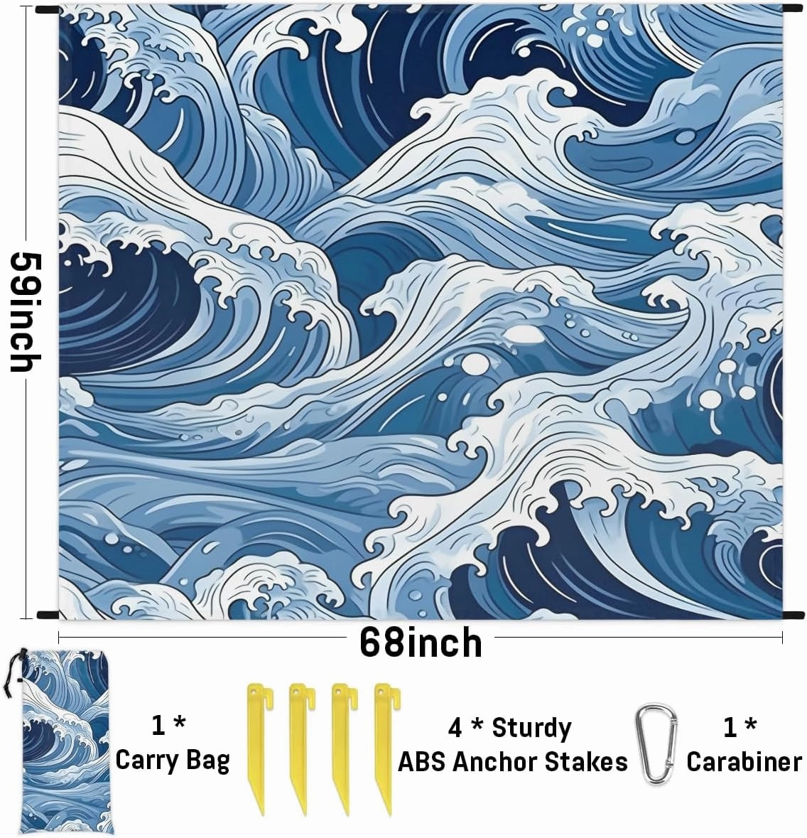 Beach Blanket, Ocean Waves Sandproof Beach Mat, Waterproof Quick Drying Sand Free Mat with 4 x Ground Spikes for Outdoor Travel Camping Hiking, Summer Ocean 68 x 59 in