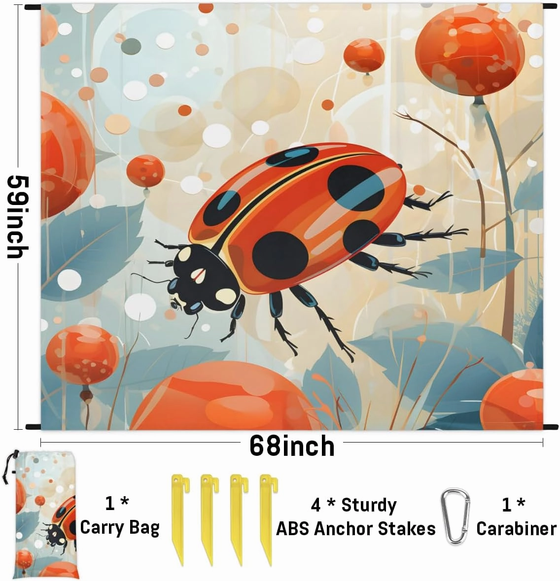 Beach Blanket, Red Ladybirds Sandproof Beach Mat, Waterproof Quick Drying Sand Free Mat with 4 x Ground Spikes for Outdoor Travel Camping Hiking, Animals 68 x 59 in