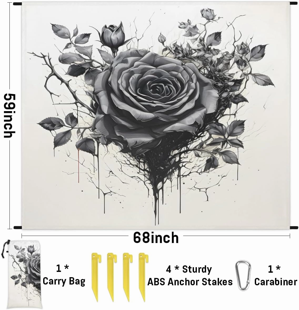 Beach Blanket, Rose Black Sandproof Beach Mat, Waterproof Quick Drying Sand Free Mat with 4 x Ground Spikes for Outdoor Travel Camping Hiking, Floral 68 x 59 in
