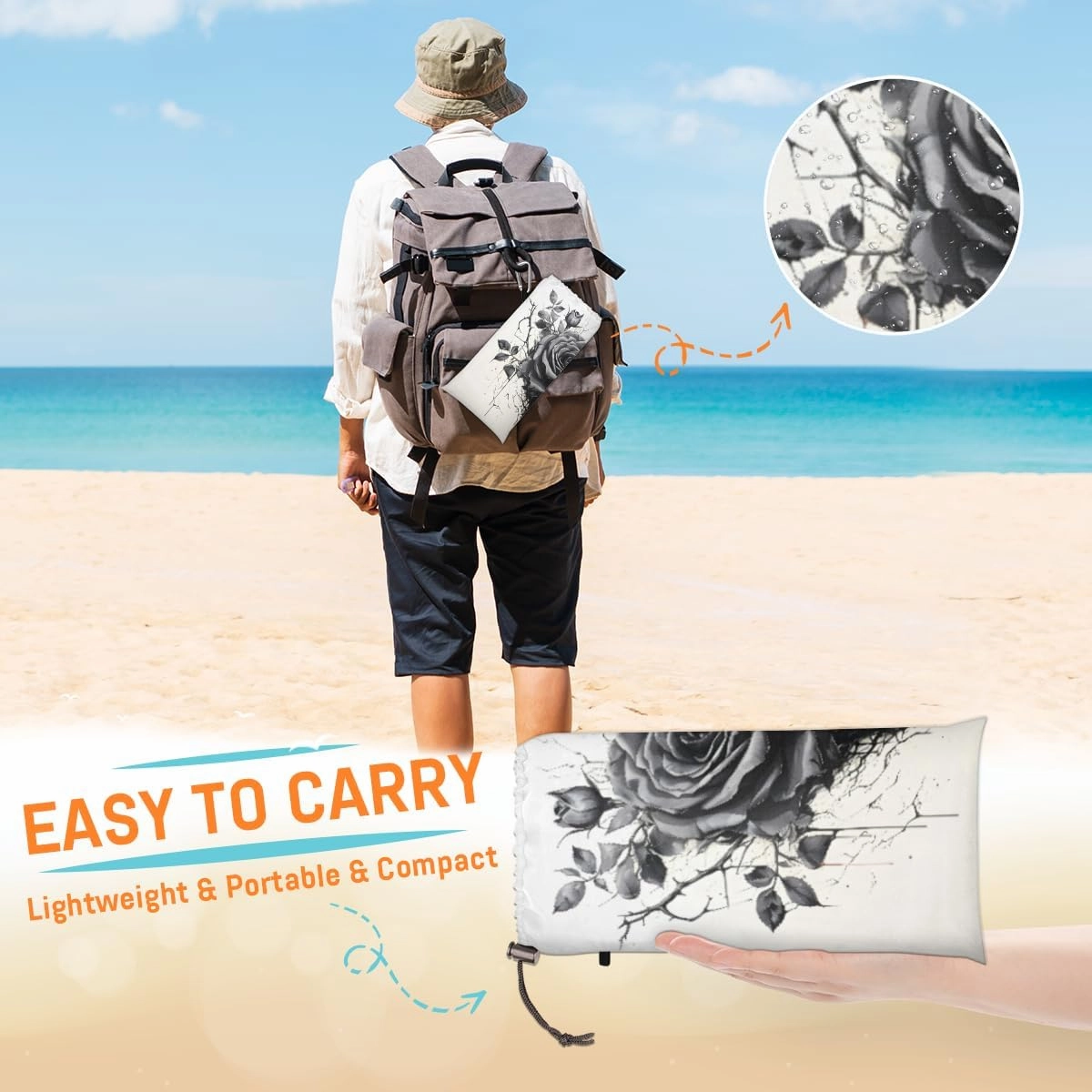 Beach Blanket, Rose Black Sandproof Beach Mat, Waterproof Quick Drying Sand Free Mat with 4 x Ground Spikes for Outdoor Travel Camping Hiking, Floral 68 x 59 in