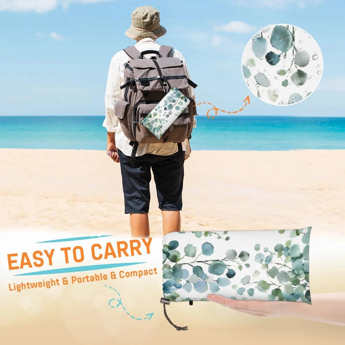 Beach Blanket, Sage Green Eucalyptus Sandproof Beach Mat, Waterproof Quick Drying Sand Free Mat with 4 x Ground Spikes for Outdoor Travel Camping Hiking, Spring Leaves Leaf 68 x 59 in