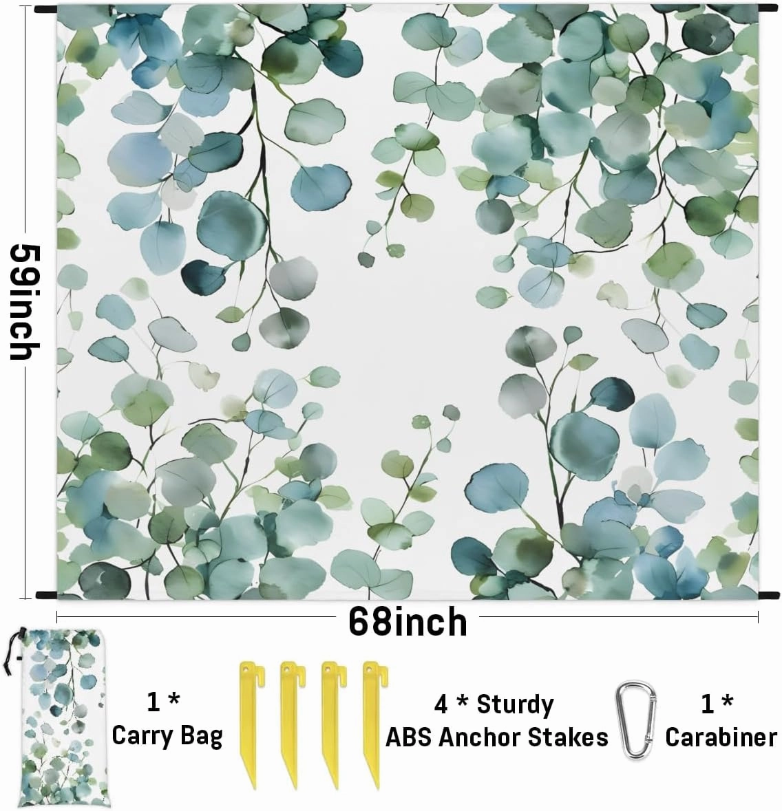 Beach Blanket, Sage Green Eucalyptus Sandproof Beach Mat, Waterproof Quick Drying Sand Free Mat with 4 x Ground Spikes for Outdoor Travel Camping Hiking, Spring Leaves Leaf 68 x 59 in