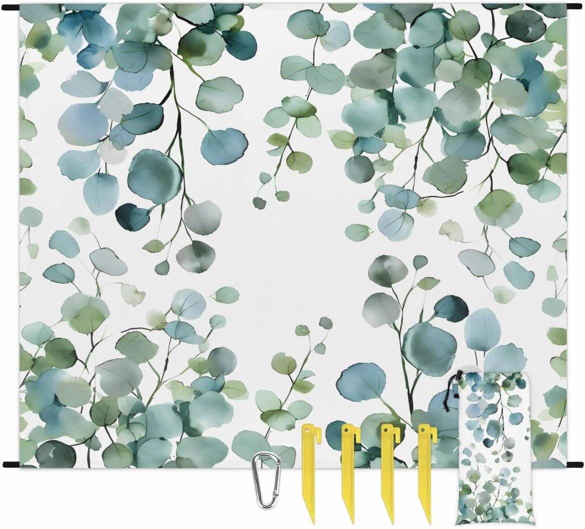 Beach Blanket, Sage Green Eucalyptus Sandproof Beach Mat, Waterproof Quick Drying Sand Free Mat with 4 x Ground Spikes for Outdoor Travel Camping Hiking, Spring Leaves Leaf 68 x 59 in