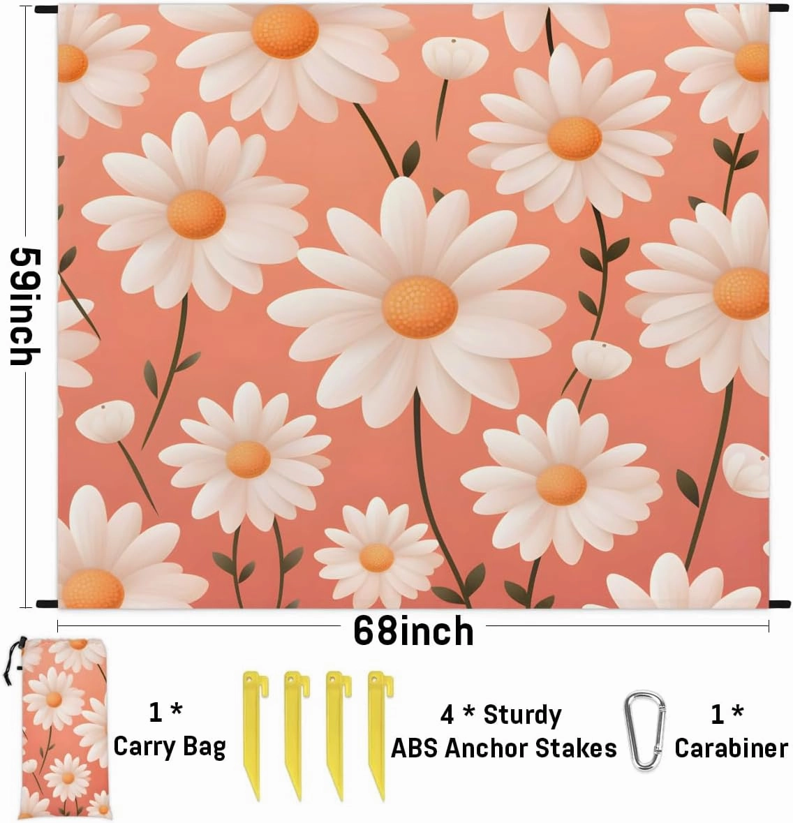 Beach Blanket, Spring Summer Daisy Flower Sandproof Beach Mat, Waterproof Quick Drying Sand Free Mat with 4 x Ground Spikes for Outdoor Travel Camping Hiking, Daisy 68 x 59 in