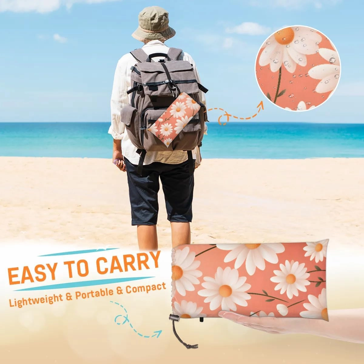 Beach Blanket, Spring Summer Daisy Flower Sandproof Beach Mat, Waterproof Quick Drying Sand Free Mat with 4 x Ground Spikes for Outdoor Travel Camping Hiking, Daisy 68 x 59 in