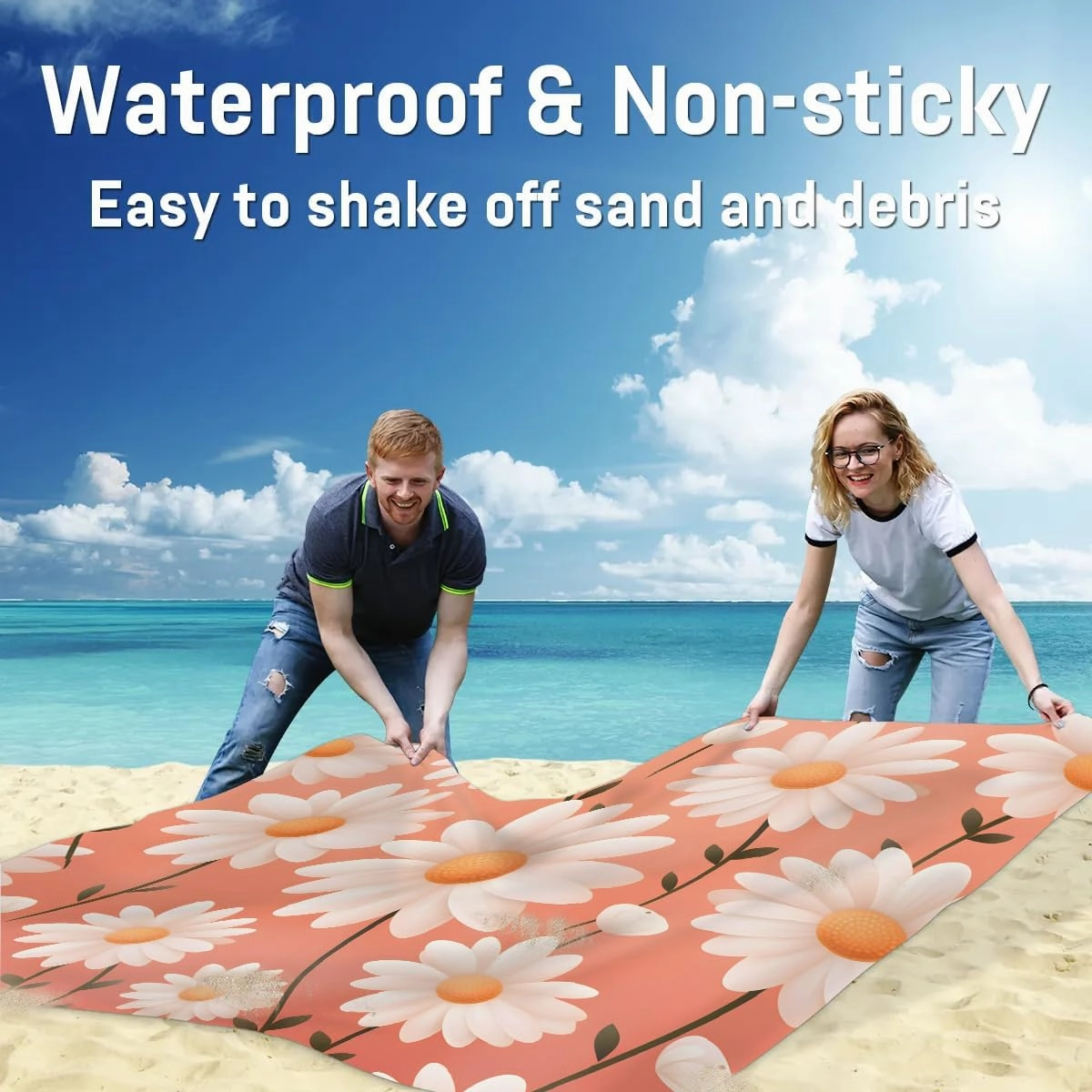 Beach Blanket, Spring Summer Daisy Flower Sandproof Beach Mat, Waterproof Quick Drying Sand Free Mat with 4 x Ground Spikes for Outdoor Travel Camping Hiking, Daisy 68 x 59 in