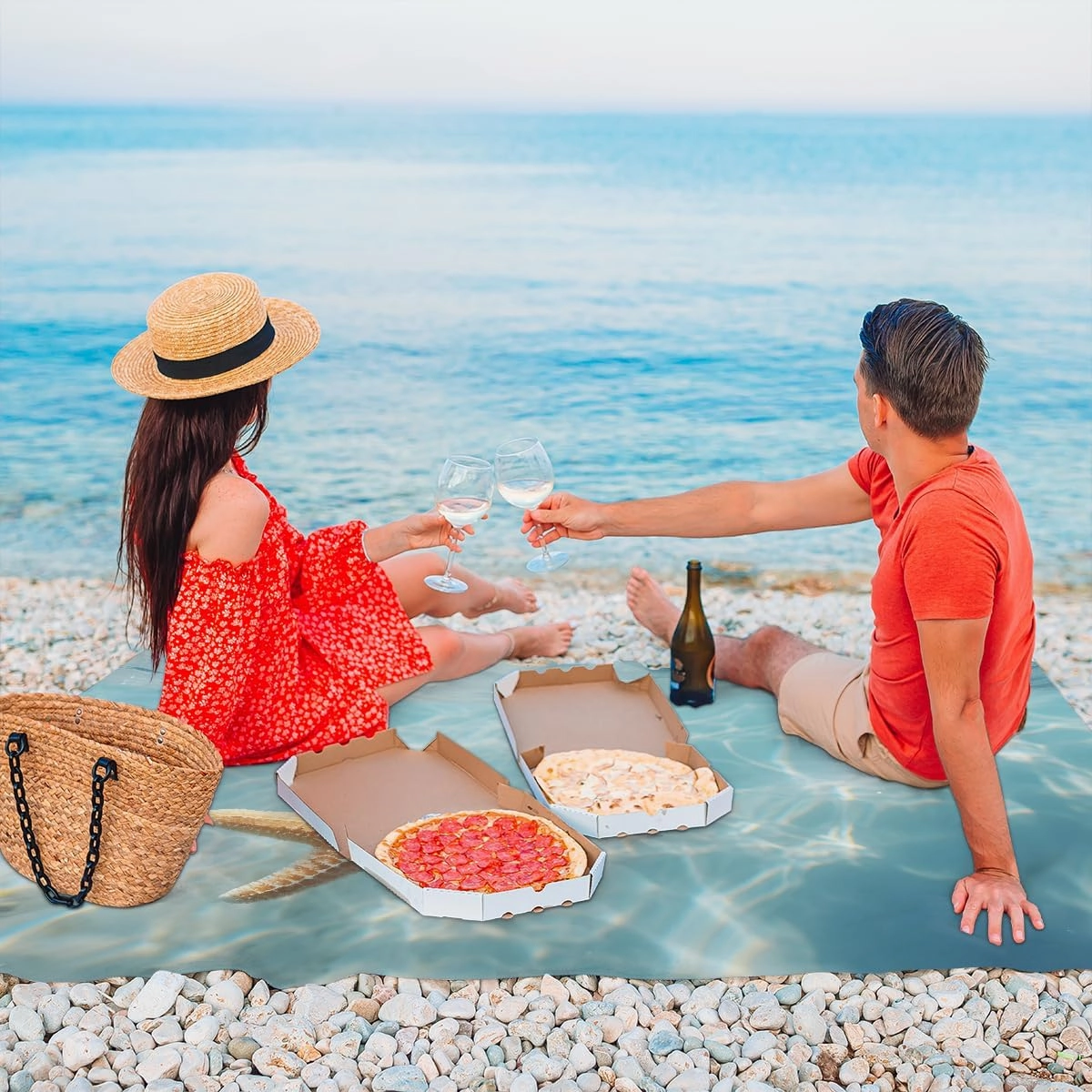 Beach Blanket, Starfish Sea Sandproof Beach Mat, Waterproof Quick Drying Sand Free Mat with 4 x Ground Spikes for Outdoor Travel Camping Hiking, Sea 68 x 59 in