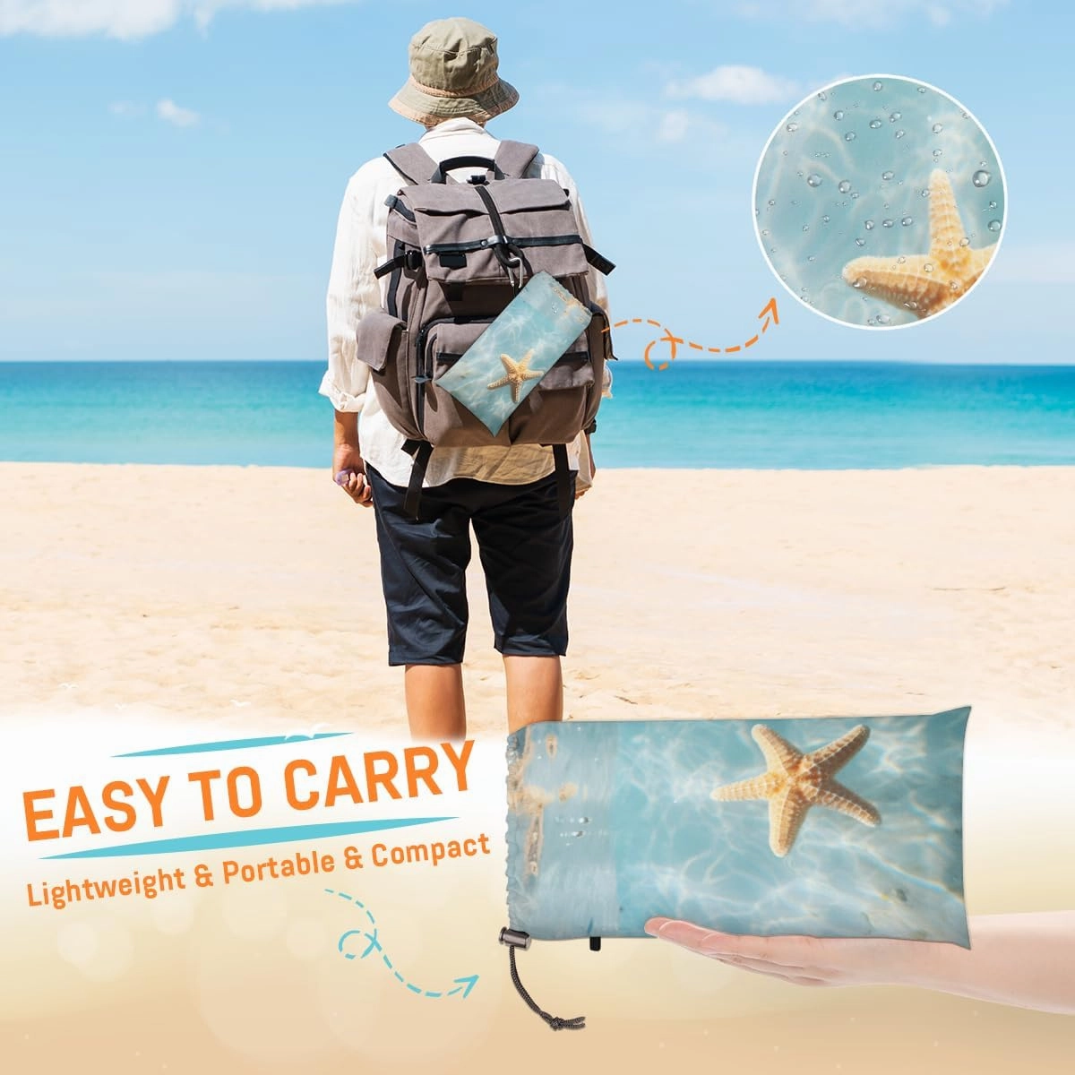 Beach Blanket, Starfish Sea Sandproof Beach Mat, Waterproof Quick Drying Sand Free Mat with 4 x Ground Spikes for Outdoor Travel Camping Hiking, Sea 68 x 59 in