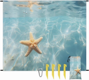 Beach Blanket, Starfish Sea Sandproof Beach Mat, Waterproof Quick Drying Sand Free Mat with 4 x Ground Spikes for Outdoor Travel Camping Hiking, Sea 68 x 59 in