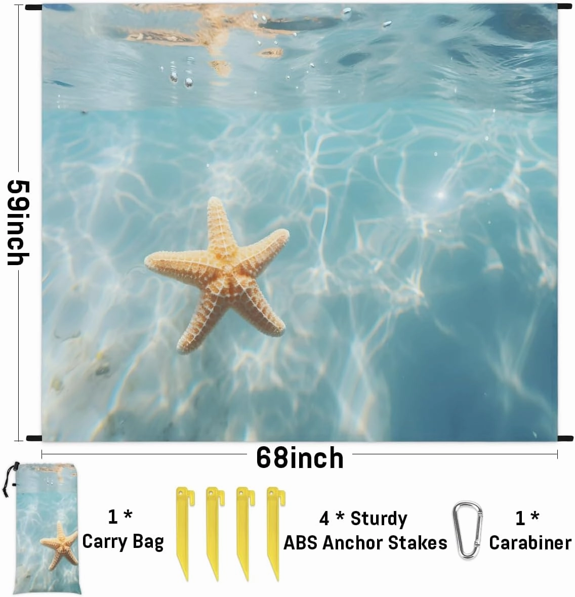Beach Blanket, Starfish Sea Sandproof Beach Mat, Waterproof Quick Drying Sand Free Mat with 4 x Ground Spikes for Outdoor Travel Camping Hiking, Sea 68 x 59 in