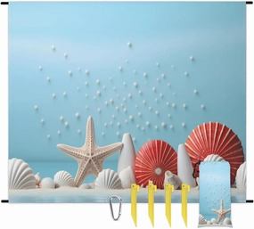 Beach Blanket, Summer Blue Beach Sandproof Beach Mat, Waterproof Quick Drying Sand Free Mat with 4 x Ground Spikes for Outdoor Travel Camping Hiking, Tropical Seashell Starfish 68 x 59 in