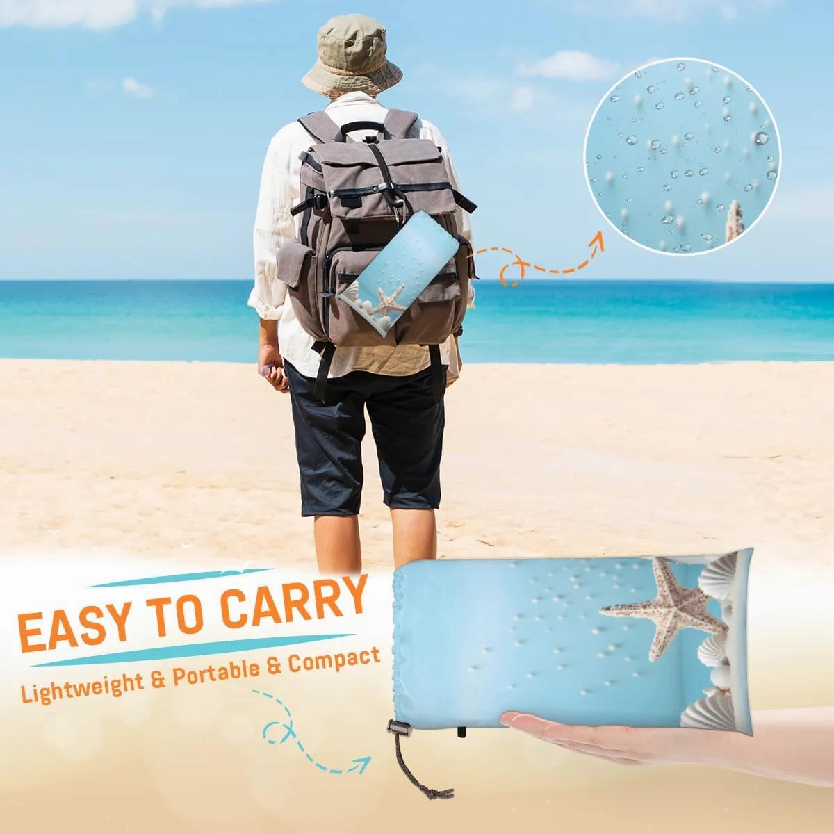 Beach Blanket, Summer Blue Beach Sandproof Beach Mat, Waterproof Quick Drying Sand Free Mat with 4 x Ground Spikes for Outdoor Travel Camping Hiking, Tropical Seashell Starfish 68 x 59 in