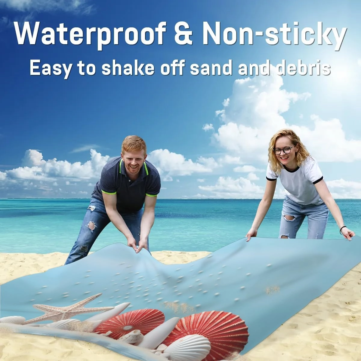 Beach Blanket, Summer Blue Beach Sandproof Beach Mat, Waterproof Quick Drying Sand Free Mat with 4 x Ground Spikes for Outdoor Travel Camping Hiking, Tropical Seashell Starfish 68 x 59 in