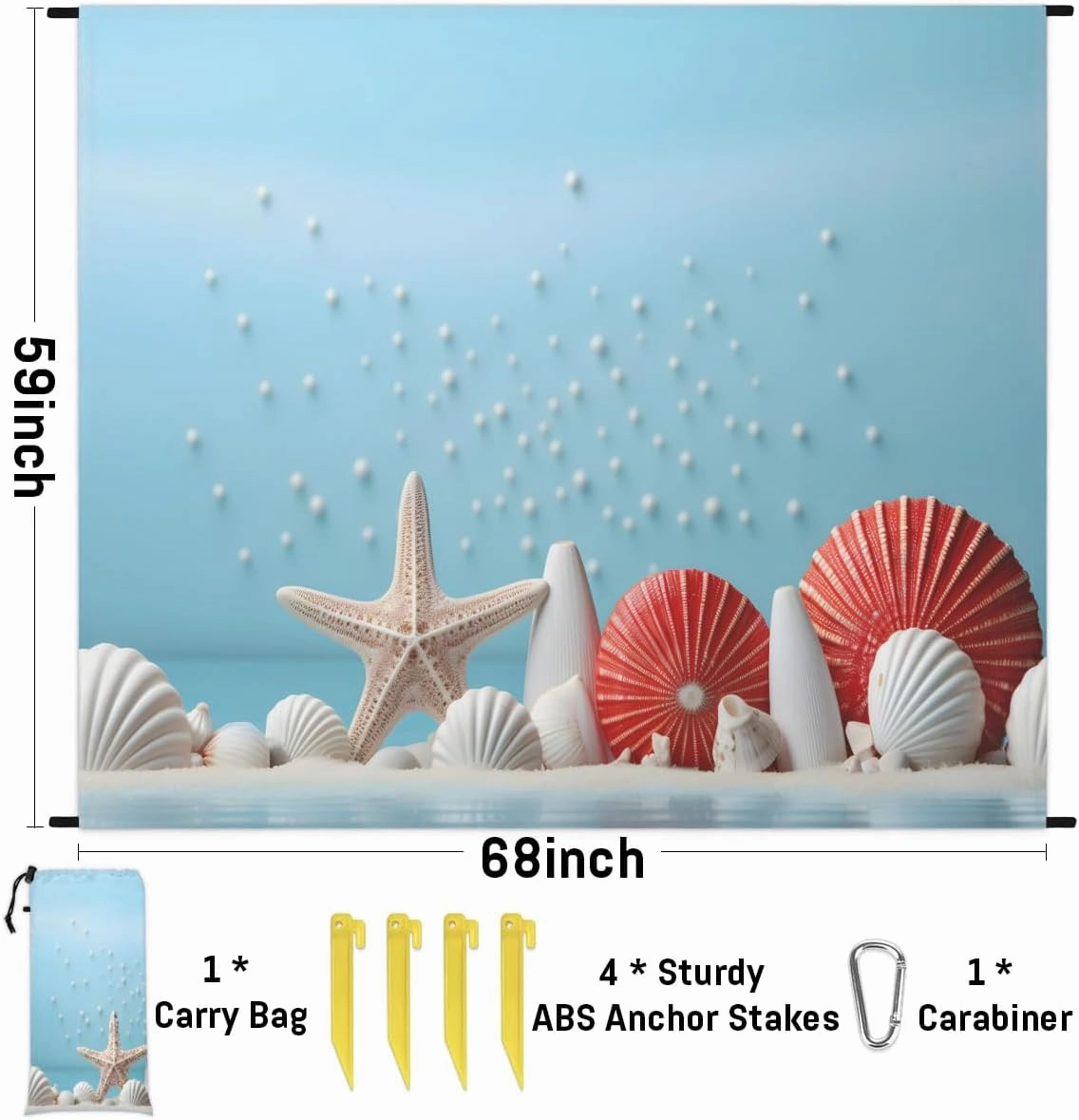 Beach Blanket, Summer Blue Beach Sandproof Beach Mat, Waterproof Quick Drying Sand Free Mat with 4 x Ground Spikes for Outdoor Travel Camping Hiking, Tropical Seashell Starfish 68 x 59 in
