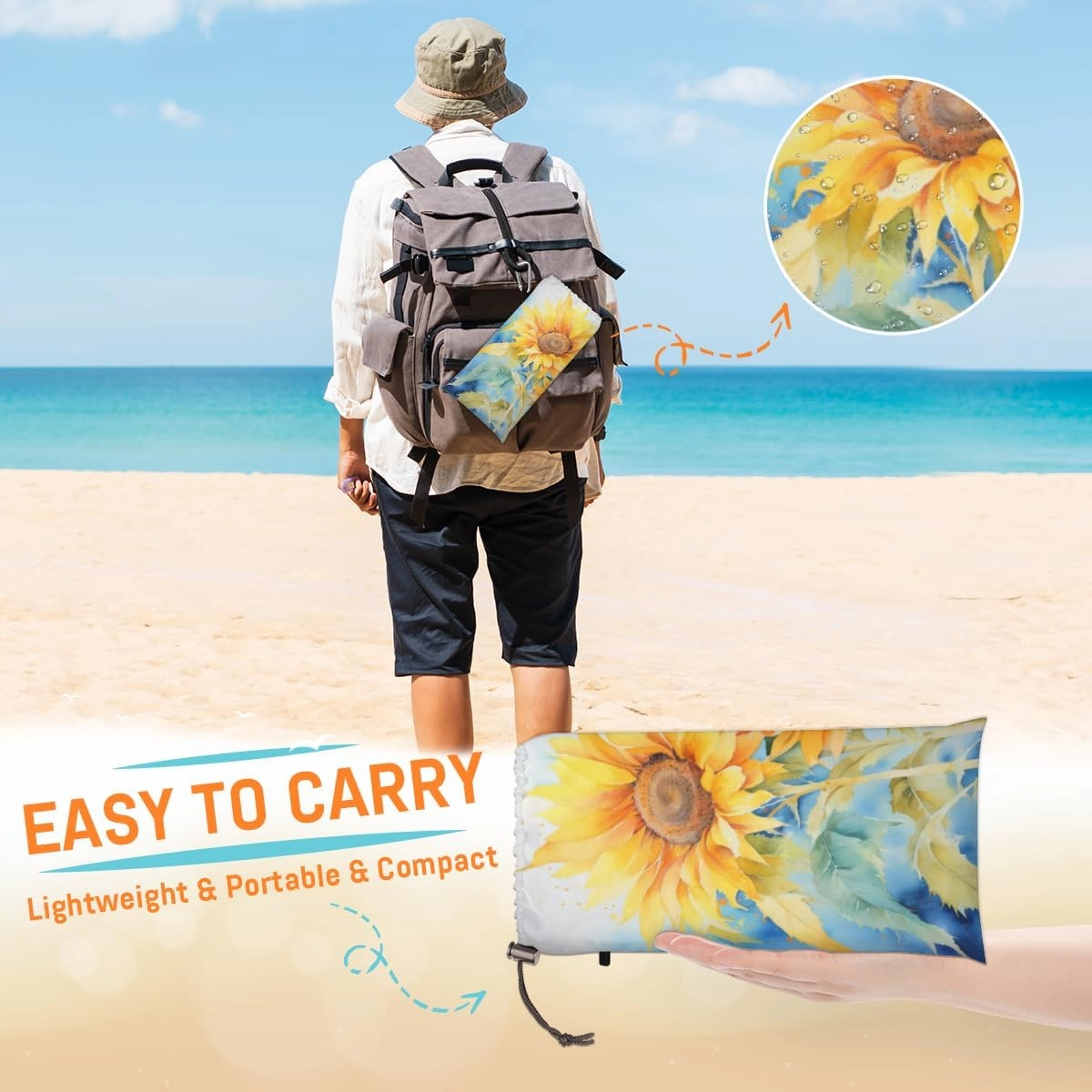 Beach Blanket, Sunflower Sandproof Beach Mat, Waterproof Quick Drying Sand Free Mat with 4 x Ground Spikes for Outdoor Travel Camping Hiking, Summer Flower 68 x 59 in
