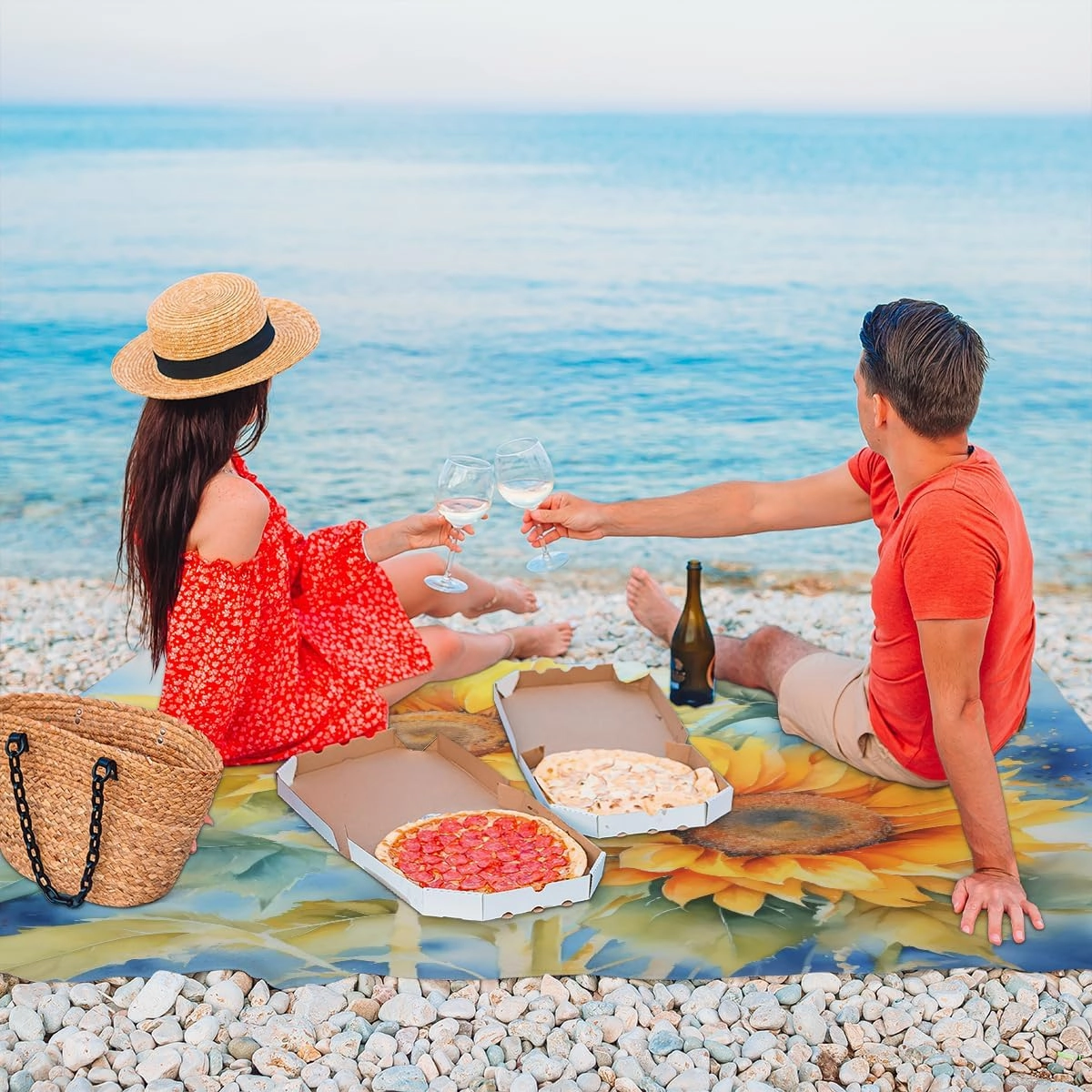 Beach Blanket, Sunflower Sandproof Beach Mat, Waterproof Quick Drying Sand Free Mat with 4 x Ground Spikes for Outdoor Travel Camping Hiking, Summer Flower 68 x 59 in