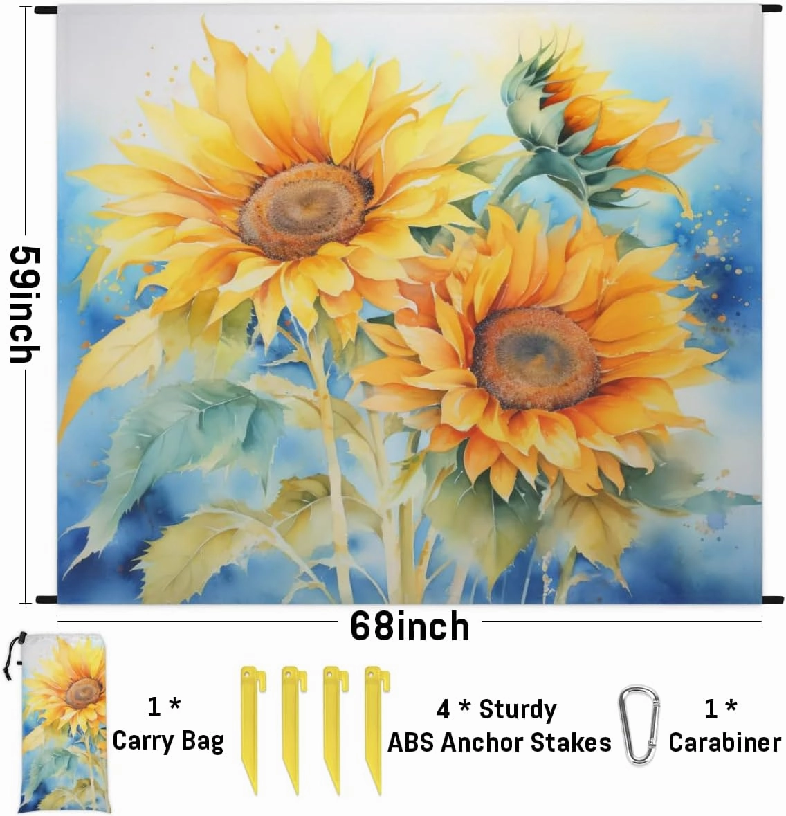 Beach Blanket, Sunflower Sandproof Beach Mat, Waterproof Quick Drying Sand Free Mat with 4 x Ground Spikes for Outdoor Travel Camping Hiking, Summer Flower 68 x 59 in