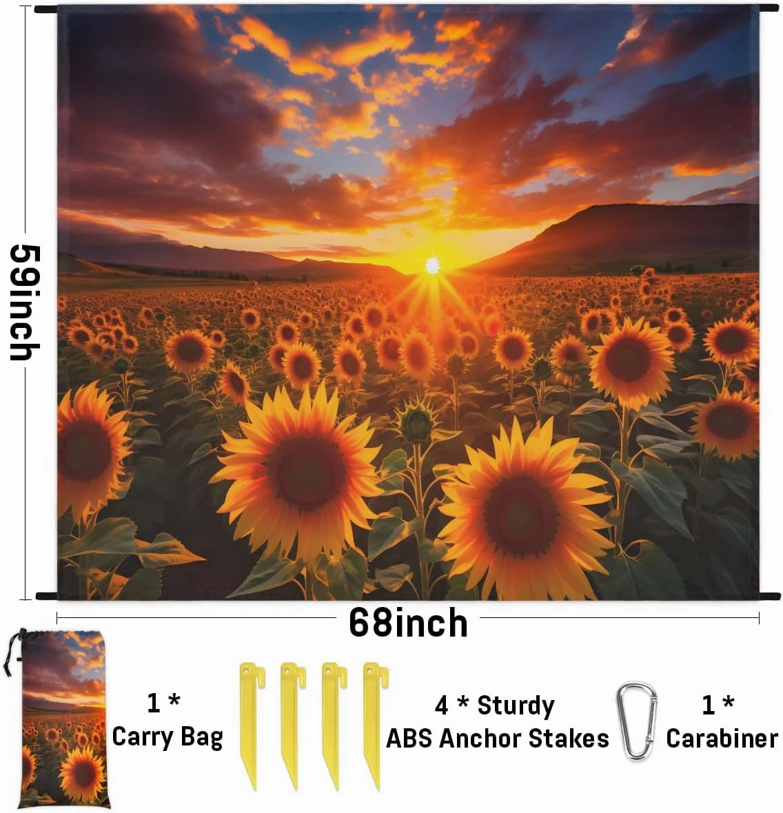 Beach Blanket, Sunflower Sandproof Beach Mat, Waterproof Quick Drying Sand Free Mat with 4 x Ground Spikes for Outdoor Travel Camping Hiking, Sunflowers in The Sunset 68 x 59 in
