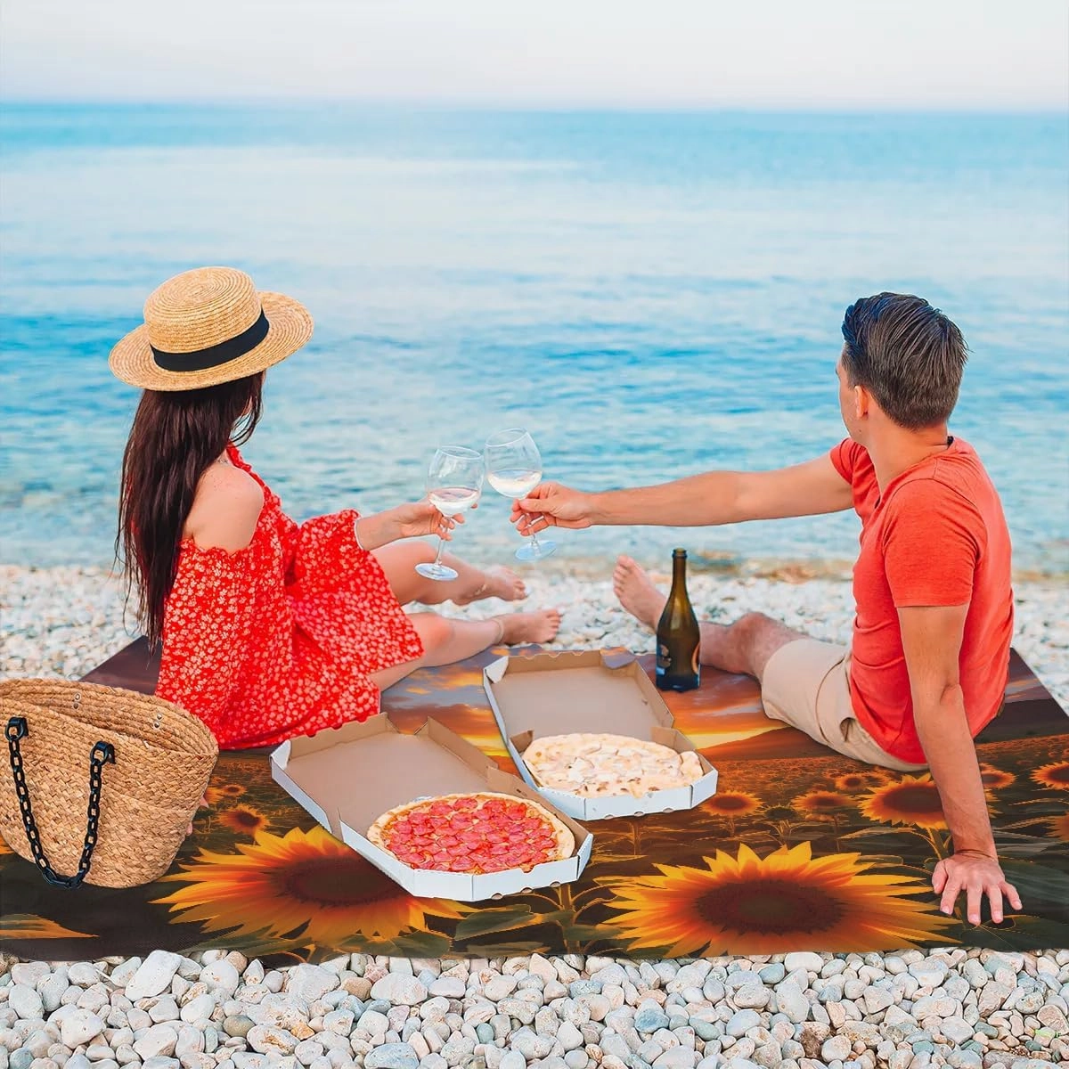 Beach Blanket, Sunflower Sandproof Beach Mat, Waterproof Quick Drying Sand Free Mat with 4 x Ground Spikes for Outdoor Travel Camping Hiking, Sunflowers in The Sunset 68 x 59 in