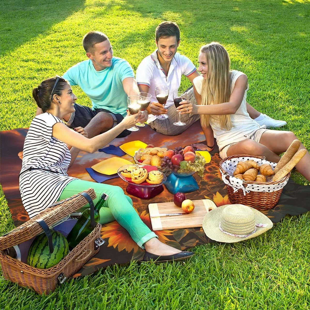 Beach Blanket, Sunflower Sandproof Beach Mat, Waterproof Quick Drying Sand Free Mat with 4 x Ground Spikes for Outdoor Travel Camping Hiking, Sunflowers in The Sunset 68 x 59 in