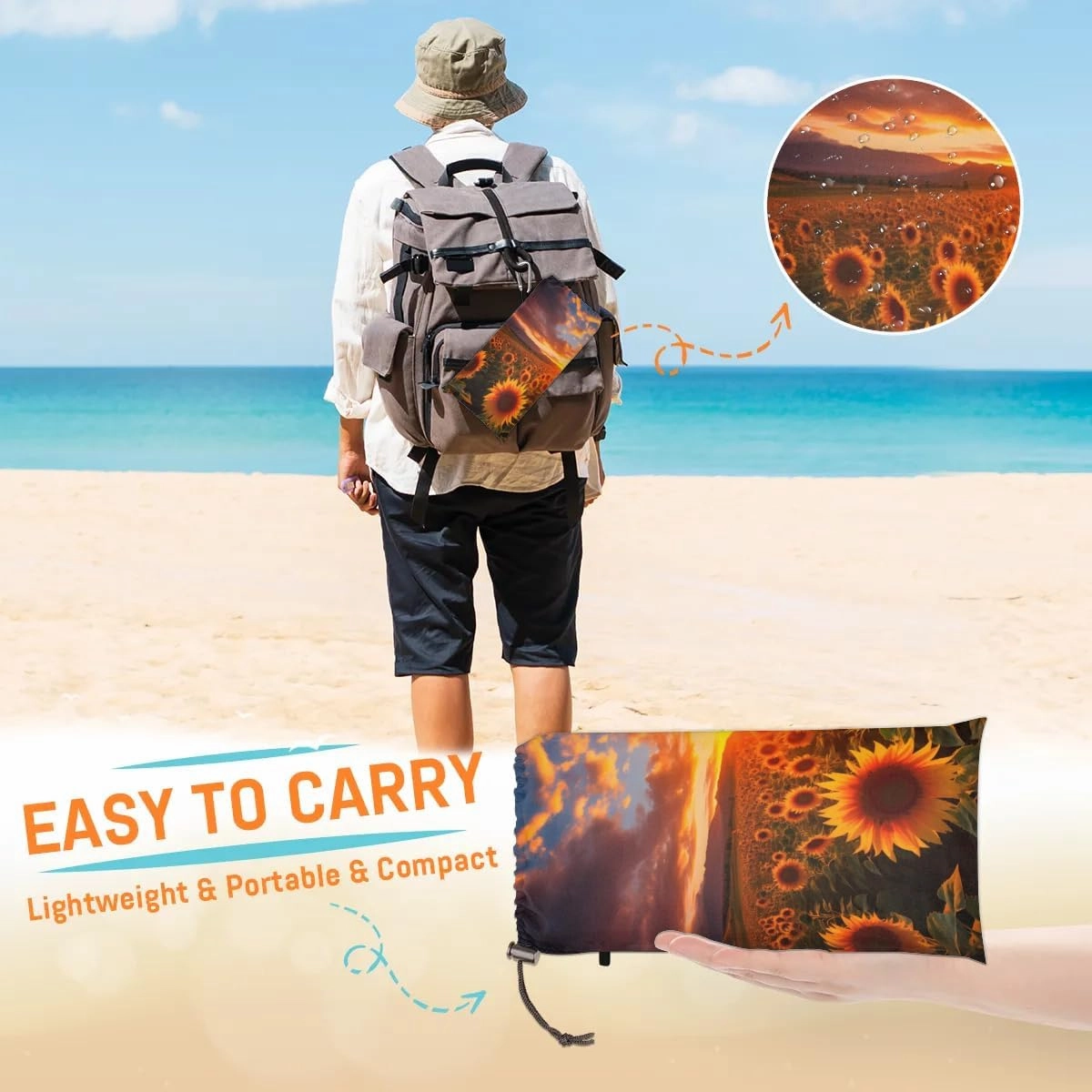 Beach Blanket, Sunflower Sandproof Beach Mat, Waterproof Quick Drying Sand Free Mat with 4 x Ground Spikes for Outdoor Travel Camping Hiking, Sunflowers in The Sunset 68 x 59 in