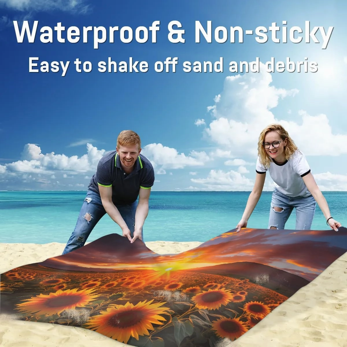 Beach Blanket, Sunflower Sandproof Beach Mat, Waterproof Quick Drying Sand Free Mat with 4 x Ground Spikes for Outdoor Travel Camping Hiking, Sunflowers in The Sunset 68 x 59 in