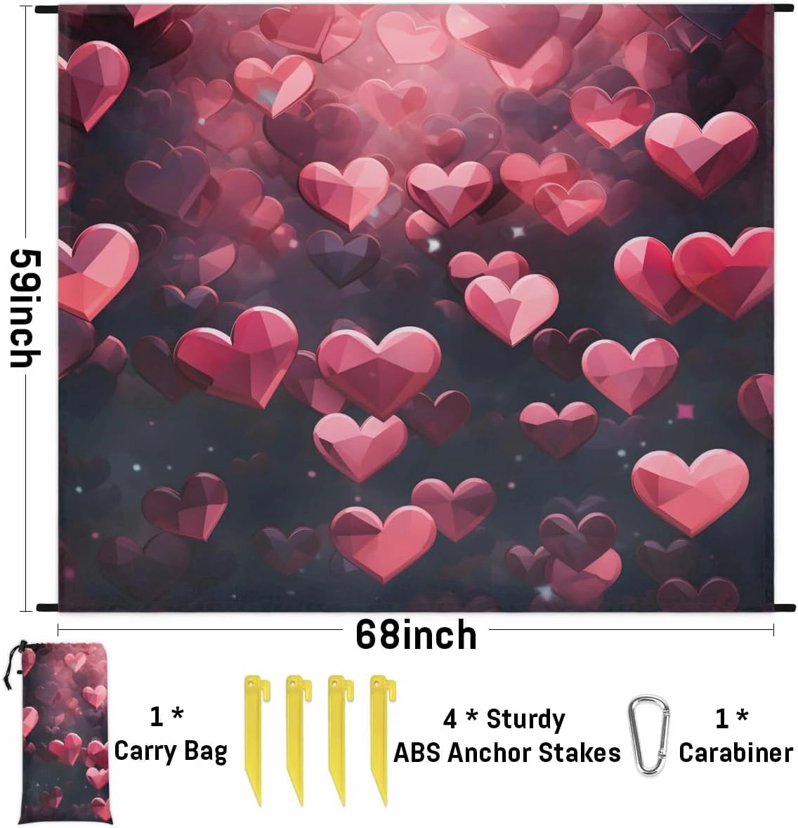 Beach Blanket, Valentine's Day Sandproof Beach Mat, Waterproof Quick Drying Sand Free Mat with 4 x Ground Spikes for Outdoor Travel Camping Hiking, Hearts 68 x 59 in