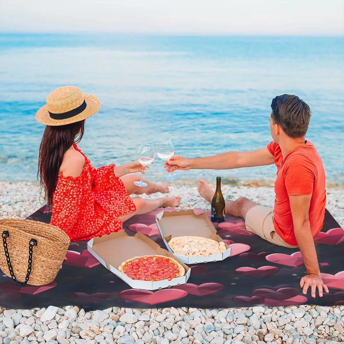 Beach Blanket, Valentine's Day Sandproof Beach Mat, Waterproof Quick Drying Sand Free Mat with 4 x Ground Spikes for Outdoor Travel Camping Hiking, Hearts 68 x 59 in
