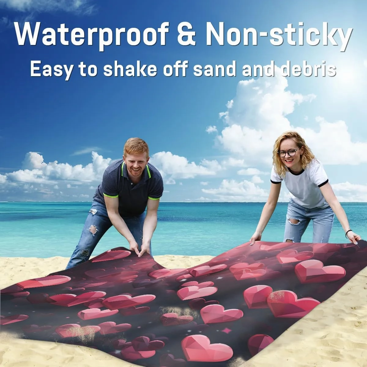Beach Blanket, Valentine's Day Sandproof Beach Mat, Waterproof Quick Drying Sand Free Mat with 4 x Ground Spikes for Outdoor Travel Camping Hiking, Hearts 68 x 59 in