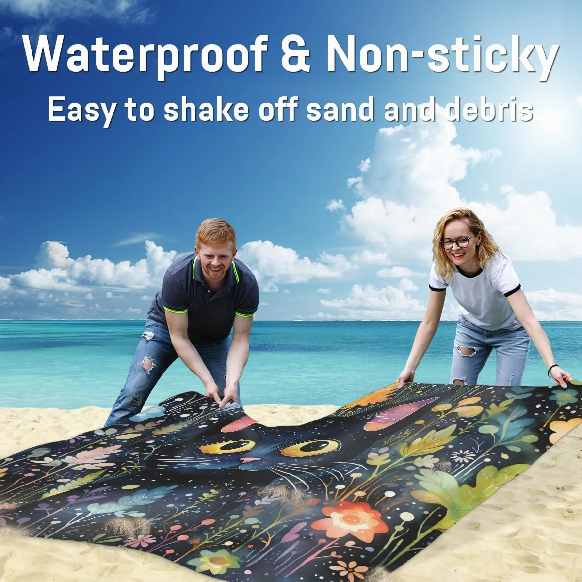 Beach Blanket, Vintage Cat Sandproof Beach Mat, Waterproof Quick Drying Sand Free Mat with 4 x Ground Spikes for Outdoor Travel Camping Hiking, Cats Flower 68 x 59 in