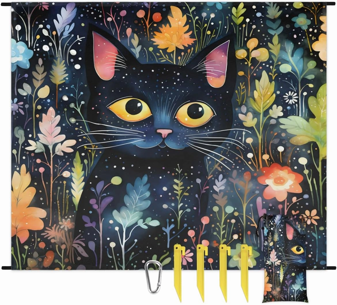 Beach Blanket, Vintage Cat Sandproof Beach Mat, Waterproof Quick Drying Sand Free Mat with 4 x Ground Spikes for Outdoor Travel Camping Hiking, Cats Flower 68 x 59 in
