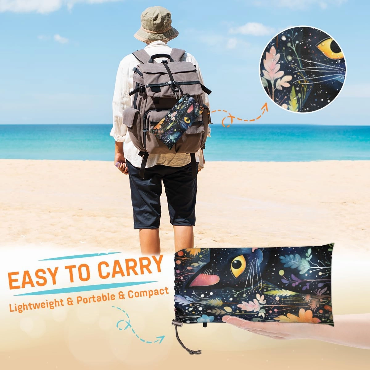 Beach Blanket, Vintage Cat Sandproof Beach Mat, Waterproof Quick Drying Sand Free Mat with 4 x Ground Spikes for Outdoor Travel Camping Hiking, Cats Flower 68 x 59 in