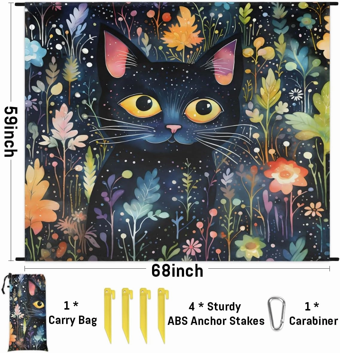 Beach Blanket, Vintage Cat Sandproof Beach Mat, Waterproof Quick Drying Sand Free Mat with 4 x Ground Spikes for Outdoor Travel Camping Hiking, Cats Flower 68 x 59 in